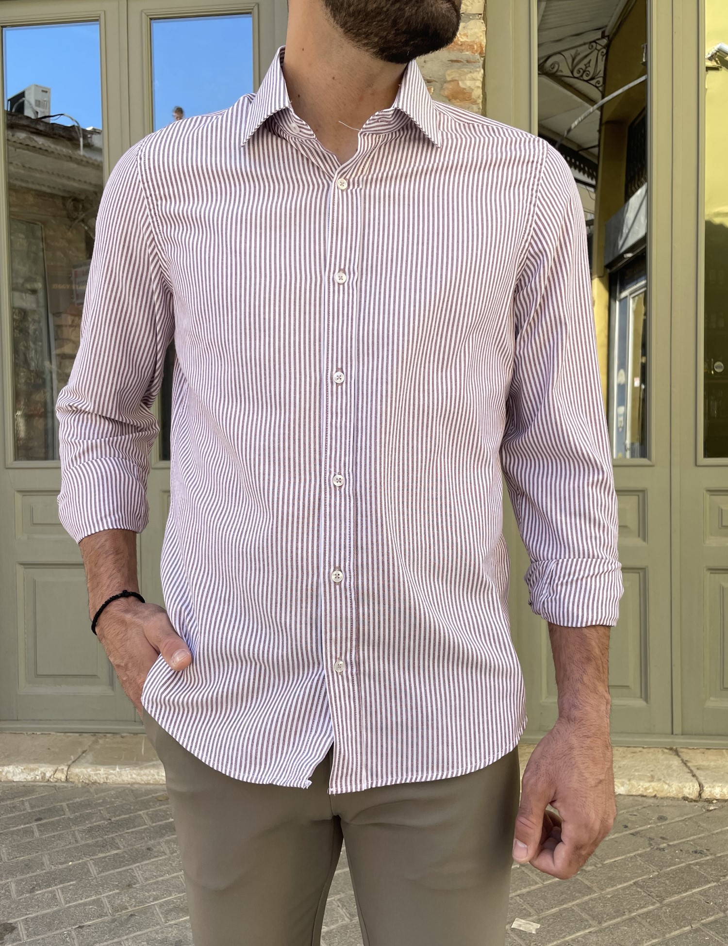 Buffon Ανδρικό πουκάμισο με γιακά λευκό με μπορντό ρίγα 2097